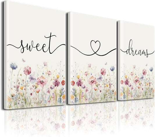Bedroom Wall Art Decor - Set of 3 Framed Farmhouse Sweet Dreams Sign 12’’x16’’ Above Bed Wall Decor for Bedroom Decor Wall Art Wood Signs (Multicolour, 12’’x16’’)