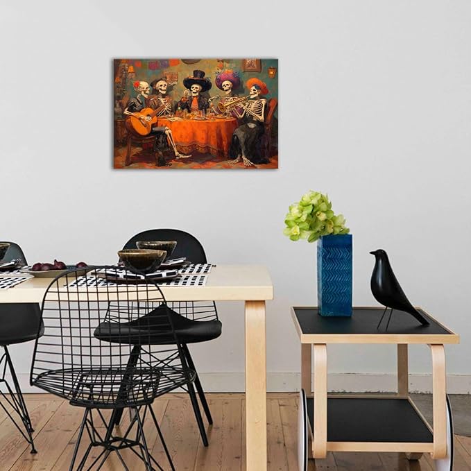 Halloween Canvas Wall Art Skull Wall Decor Skeletons Party Canvas Prints Pictures Mexican Day of the Dead Festival Posters Gothic Painting for Living Room Bedroom Kitchen Home Decorations 16x24"