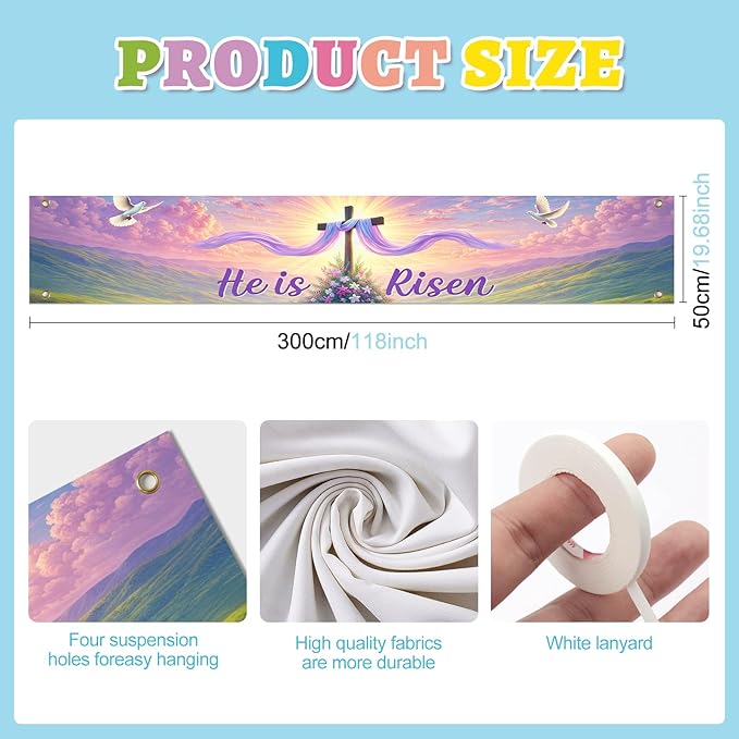 He Is Risen Easter Banner Christian Resurrection Spring Decor 118×20 inch Religious Cross Sunrise Scene Banner for Church Yard Fence Door Wall Indoor Outdoor Easter Display