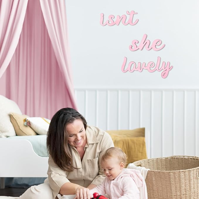AOCEAN Wood Sign Boho Decor Isn’t She Lovely Wall Art Bedroom Baby Girl Princess Room Nursery Shelf Home Decoration (Pink)