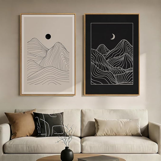 Large Framed Black and Beige Neutral Abstract Wall Art for Living Room, Set of 2 Modern Canvas Prints Paintings Artwork for Walls, Mountain and Moon Pictures for Bedroom Hallway Wall Decor 24x36 In