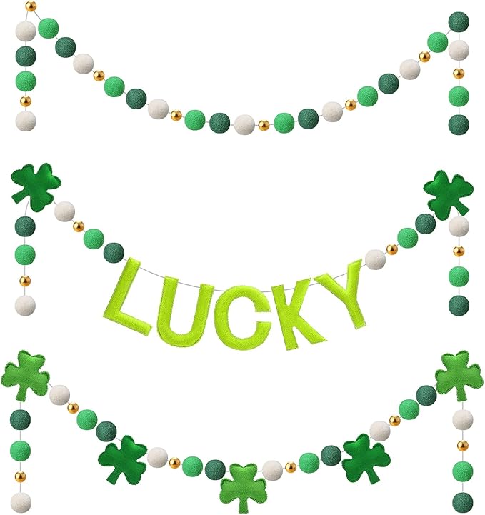 3 Pack Felt St. Patrick's Day Decorations Garland - 6.6 ft Lucky Felt Ball Pom Pom with Silver Beads, Shamrock Garlands for Mantel Home Supplies