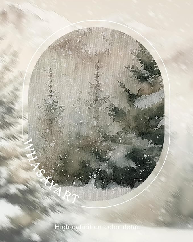 Vintage Winter Snow Mountain Wall Art 12x16 Framed Canvas Print, Snowy Pine Tree Forest Landscape Painting, Rustic Neutral Christmas Living Room Bedroom Entryway Farmhouse Holiday Home Decor