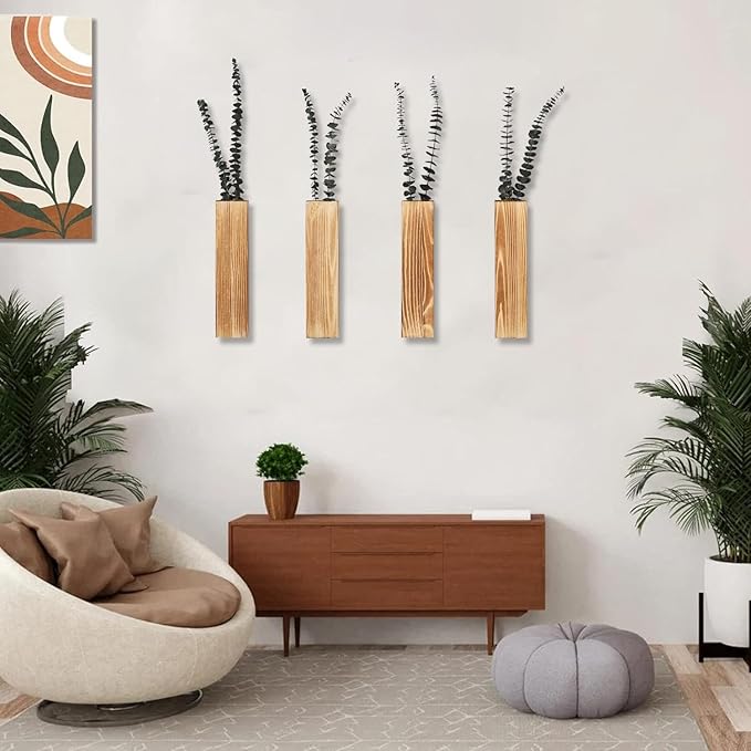 Wooden Wall Planter Set of 4 - Modern Home Decor for Living Room, Bedroom, Bathroom - Brown Finish Planter for Dried Flowers, Faux Greenery, Indoor Plants