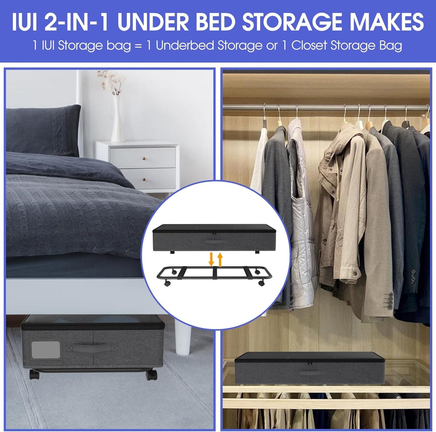 Under Bed Storage with Wheels, 2 Pack Under Bed Storage Containers with Transparent Lid, 50L Large Capacity Underbed Storage Containers, Underbed Storage Bins for Clothes, Shoes, Books, Toys, Black