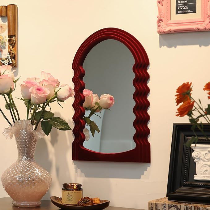 Mirror Wall Decor for Home Office Apartment, Colorful Decorative Mirror for Entryway Porch Fireplace, Irregular Hanging Wall Art Sculpture for Christmas (Wine Red)