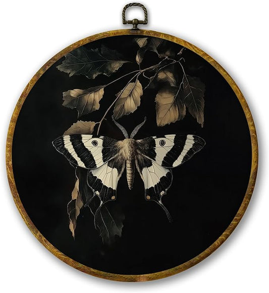Mcehtle Vintage Butterfly Wall Art Decor, Dark Moody Cottagecore Moth Insect Botany Framed Canvas Prints 10x10, Neutral Farmhouse Round Wall Hanging Artwork Decorations for Gallery Living Room