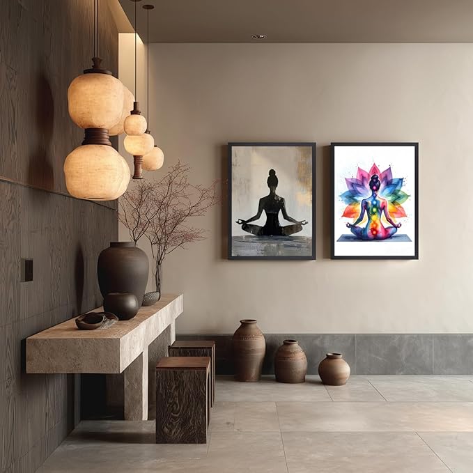 GELDSTEI Wood Framed Zen Wall Art, Chakra Yoga Wall Decor, Colorful Meditation Poster Print, Spiritual Canvas Painting, Vibrant Meditating Woman Aesthetic Picture for Living Room Yoga Studio 12x16 Inch