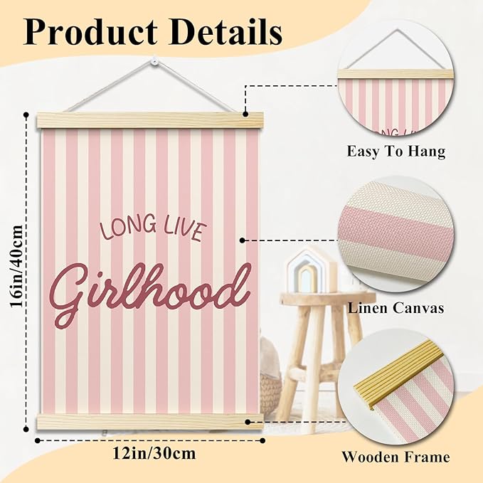 Long Live Girlhood Posters Hanger Frame for Girls Room Pink Hanging Poster for Bedroom Kids Room Classroom Decor Stripes Wall Art Decor for Nursery Playroom Canvas Wall Art Print 16x12 Inches - YY050