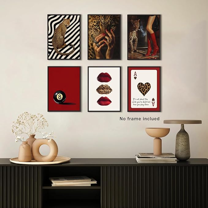 XBQZFLHT Red Cheetah Print Room Decor, Trendy Y2K Leopard Wall Art Pictures, Burgundy Red Wallpaper Style for Girls Bedroom Dorm(Set of 6, 8x10, Unframed)