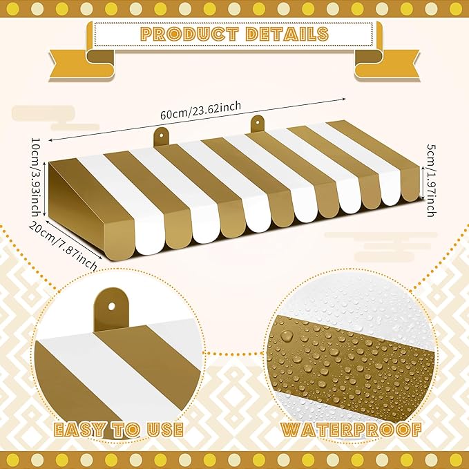 Boao 4 Pack Circus Awning Decoration 3D Stripe Cardboard Awning Carnival Wall Decor Circus Party Favors for Lemonade Stand Bakery Ice Cream Truck Bulletin Board Decor(Gold and White)