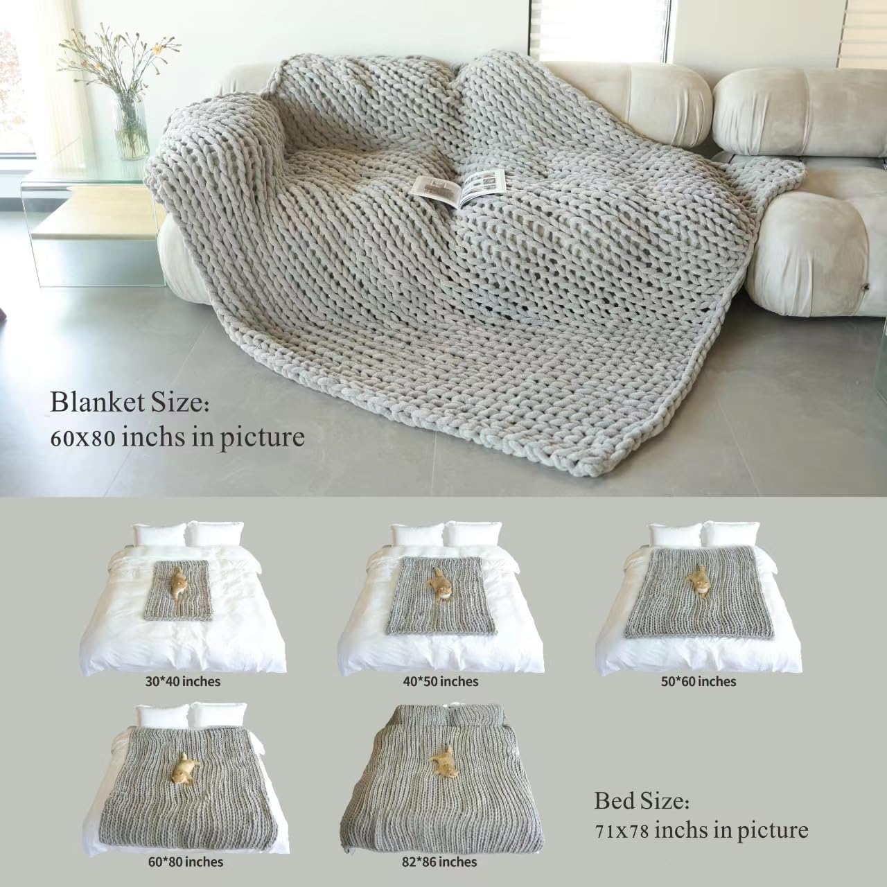 Maetoow Chenille Chunky Knit Blanket Throw （60×80 Inch）, Handmade Warm & Cozy Blanket Couch, Bed, Home Decor, Soft Breathable Fleece Banket, Christmas Thick and Giant Yarn Throws, Baby Blue