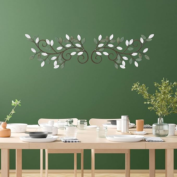 ESTART 2 Pieces Metal Tree Leaf Wall Decor Vine Olive Branch Leaf Wall Art Ornament Wall Hanging Sign for above Door, Living Room, Bathroom, Office, Indoor and Outdoor Decoration (White Green Colors)