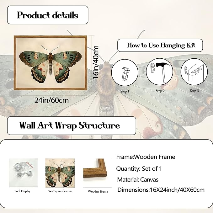 Framed Vintage Butterfly Canvas Wall Art, Moody Insect Wall Decor Paintings, Cottagecore Moth Artwork Pictures Prints Antique Home Decor for Living Room Bedroom Bathroom 16x24 inch