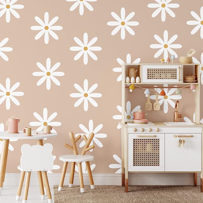TaoBary 12 Sheet Daisy Wall Sticker Decal Removable Cute Daisy Bedroom Room Decor Flower Wall Sticker Pink White Flower Decal Wallpaper Peel and Stick for Nursery Home(White, Yellow,Fresh Style)