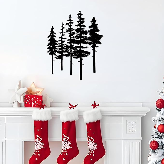 ESTART Metal Pine Tree Wall Art, Metal Tree Wall Decor, Nature Rustic Farmhouse Cabin Decor, Forest Wall Art for Home Living Room Bedroom Office Indoor and Outdoor Decoration (Black)