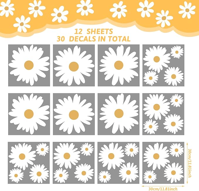 TaoBary 12 Sheet Daisy Wall Sticker Decal Removable Cute Daisy Bedroom Room Decor Flower Wall Sticker Pink White Flower Decal Wallpaper Peel and Stick for Nursery Home(White, Yellow,Multi Petal Style)