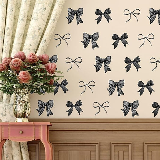 Whaline 12 Sheets Black Bow Wall Stickers Watercolor Bowknot Wall Decals Room Mural Stickers for Coquette Wedding Birthday Party Home Nursery Decor, 7.9 x 11.8 Inch