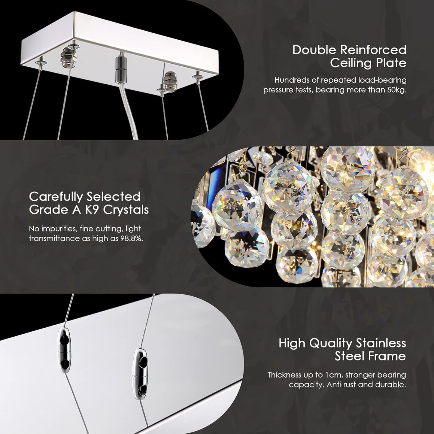Siljoy Modern Rectangular Crystal Chandelier, 47" Rectangle Raindrop Hanging Ceiling Pendant Light Fixture Adjustable Height for Kitchen Island Dining Room, Polished Chrome Finish, L47 x W10 x H10