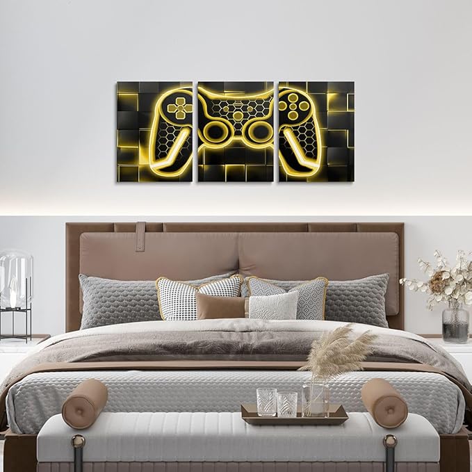 Feelyou Gamer Canvas Wall Art for Living Room 12"x16" 3 Piece Yellow and Black Picture Wall Decor Gaming Ombre Office Wall Decorations Artwork Posters Geometric Square Wall Painting