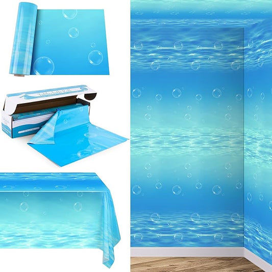 Kochorie 54 Inch x 200 Ft Ocean Waves Plastic Tablecloth Roll in Slide Cutter Box Under the Sea Table Cover Blue Water Print Backdrop Bulletin Board Plastic Roll for Beach Pool Birthday Party Decor