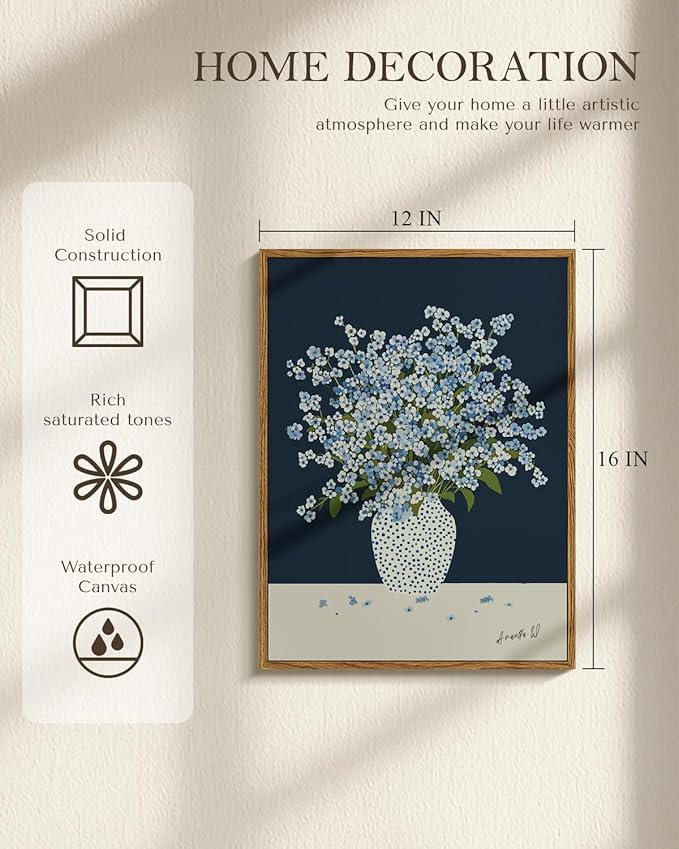 Vintage Framed Floral Wall Art 12x16, Blue White Baby’s Breath Flower in Polka Dot Vase Print, Minimalist Modern Nordic Botanical Canvas Artwork, Entryway Bedroom Kitchen Office Decor