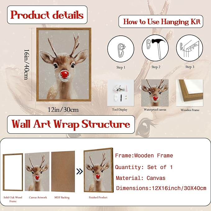 Framed Christmas Wall Art, Vintage Red Nose Reindeer Canvas Wall Decor Paintings, Rustic Winter Cute Deer Pictures Prints Farmhouse Home Decoration for Living Room Bedroom 12×16 inch
