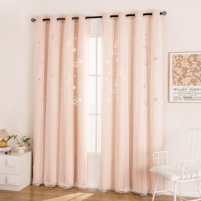 UNISTAR 2 Panels Unicorn Curtains for Kids Girls Bedroom Aesthetic Living Room Decor Double Layer Star Cut Out Baby Pink Window Wall Home Decoration,W52 x L63 Inches
