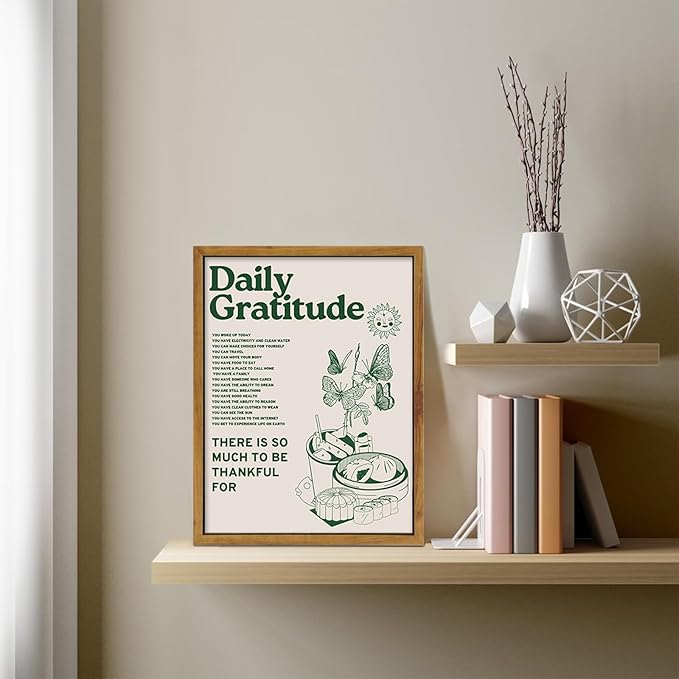 Framed Retro Poster for Room Aesthetic, Vintage Green Inspirational Quotes Canvas Wall Art, Daily Gratitude Posters for Room Aesthetic, Cute Sunflower Butterfly Retro Wall Decor for Bedroom,