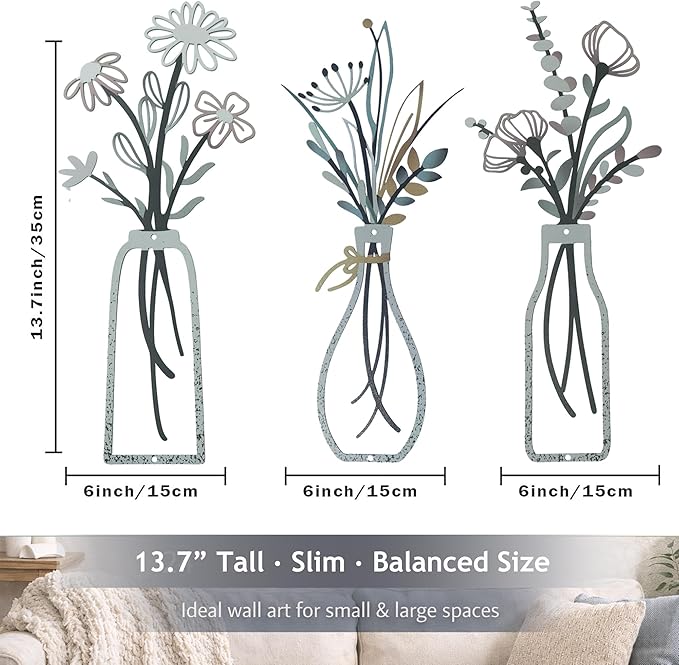 Nonforgetta Rustic Farmhouse Metal Flower Wall Art – Set of 3 Floral Decorations for Living Room, Bedroom, or Bathroom – Minimalist & Elegant Wall Décor Gift
