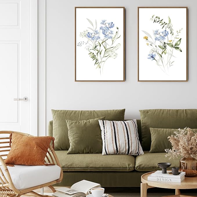 Watercolor Floral Wall Art Blue Yellow Flower Canvas Art Pints Nature Botanical Plants Painting Minimalist Wall Decor Stretched and Framed for Bedroom Bathroom Home Office Decoration - 16"x24"x2Pcs