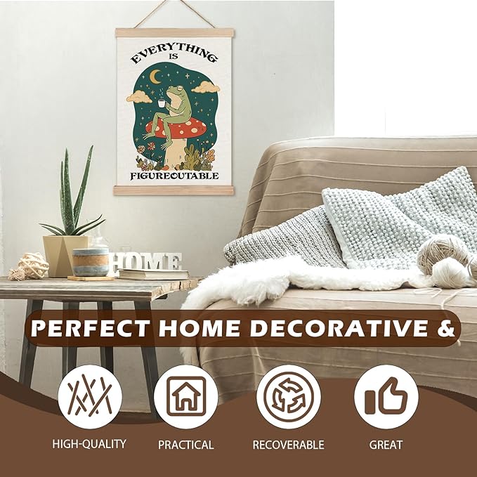 Everything is Figureoutable Inspirational Wall Decor, Rustic Cottagecore Frog Positive Affirmations Canvas Prints Wall Decor for Bedroom Living Room Home, 12x16 Inch