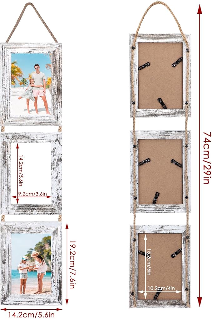 QUTREY 4x6 Picture Frames Collage, 3 Openings 4 x 6 Vertical Hanging Photo Frames Display 4 by 6 inch Pictures for Wall Decor, Distressed White