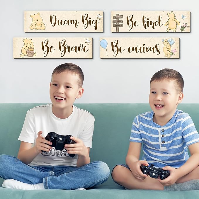 BirtDerr 4Pcs Winnie Nurasy Decor-Winnie Bedroom Wall Decor-Adorable the Pooh Sign for Baby Room-the Pooh Nursery Decor-Baby Shower Decorations(Classic)