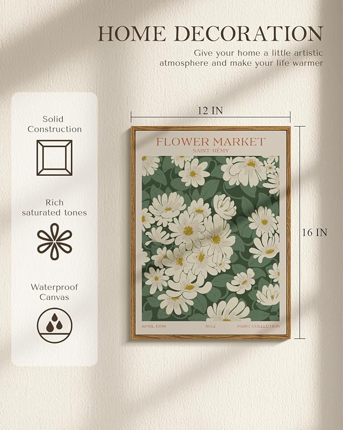 Vintage Framed Daisy Flower Market Wall Art 12x16, Boho Green Botanical Canvas Print White Floral Bedroom Living Room Artwork, Retro Aesthetic Modern Rustic Minimalist Gallery Wall Decor