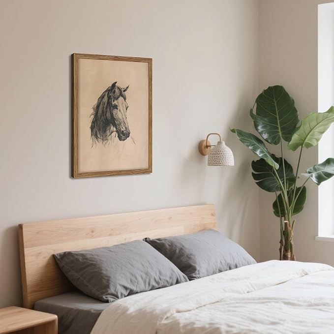Framed Horse Wall Art, Vintage Horse Head Sketch Canvas Print, Farmhouse Animal Wall Decor, Classic Country Pictures Artwork for Living Room Bedroom Home Decor – 12x16 inch