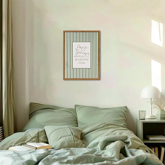 Framed Christian Wall Art, Praise God From Whom All Blessings Flow Scripture Pictures Wall Decor, Sage Green Striped Bible Verse Paintings Canvas Prints Religious Home Decor for Living Room 16x24 inch