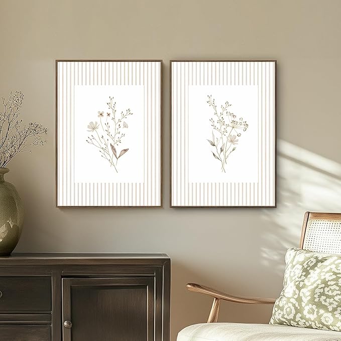 2Pcs Neutral Wildflower Wall Art Vintage Floral Botanical Canvas Wall Decor Watercolor Striped Boho Flower Bouquet Pictures Prints Posters for Bedroom Farmhouse Wall Decor 16X24 Inch Unframed