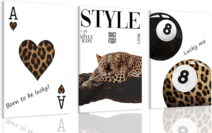 3pcs Framed Fashion Leopard Print Canvas Wall Art Cheetah Paintings Wall Decor Stylish Lucky 8 Ball Posters Prints College Style Room Aesthetic Pictures for Girls Bedroom Apartment Dorm Decoration