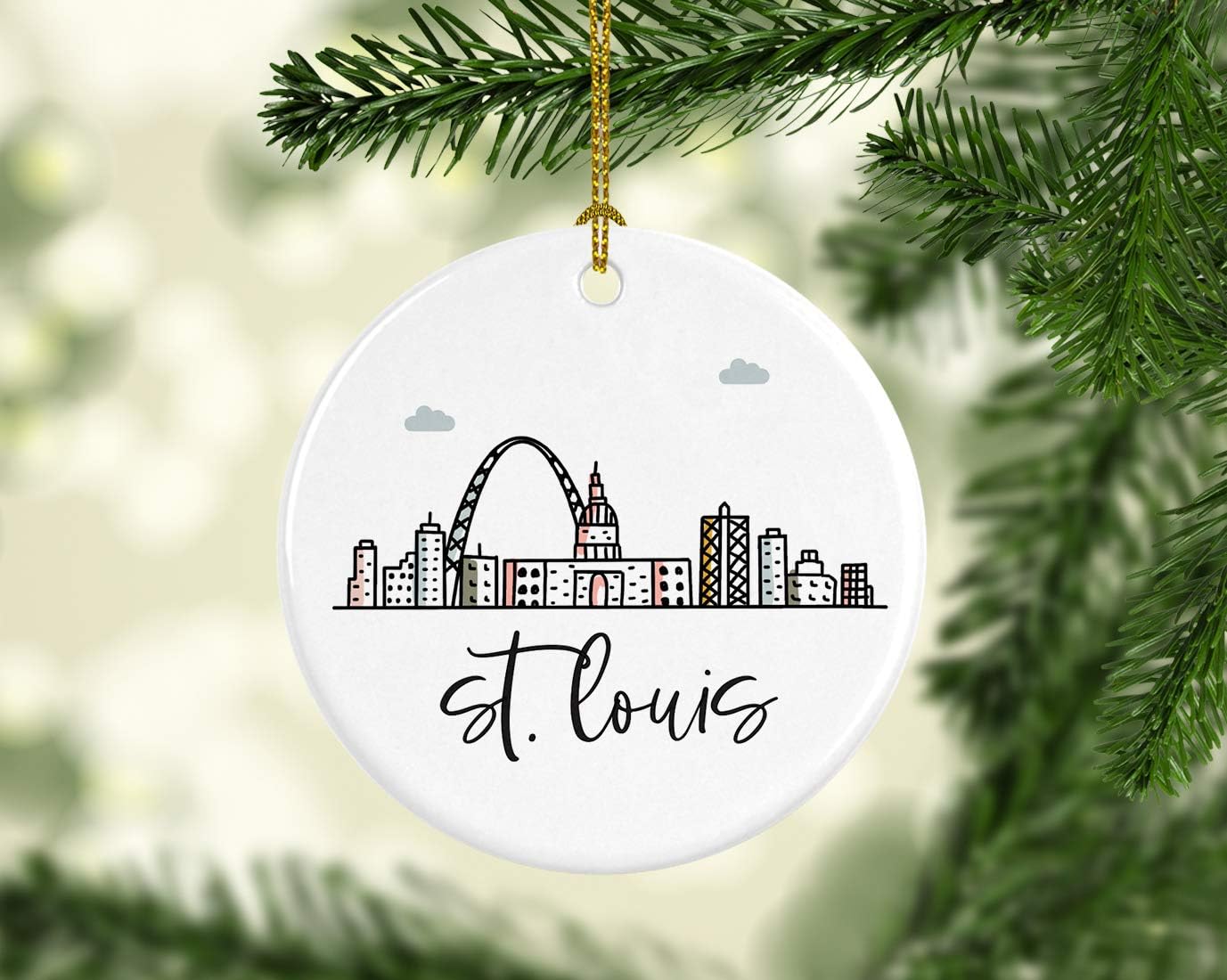 Andaz Press Round Ceramic Porcelain Christmas Tree Ornament Keepsake Gift, St. Louis, Colorful City Skyline Graphic, 1-Pack, Birthday Family Coworker Includes Gift Box St. Louis Ornament 2024