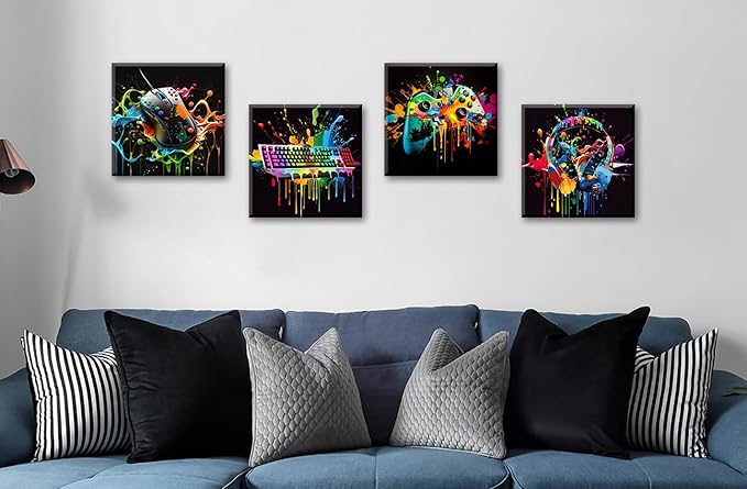 Gamer Room Decor for Boys - Game Wall Art Graffiti Gamepad Earphone Canvas Print Pictures Cool Video Gaming Poster Street Pop Men Cave Teen Bedroom Dorm Playroom Home Artwork Framed 12"X12"X4 Panels