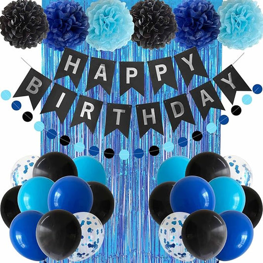 ANSOMO Blue and Black Happy Birthday Party Decorations for Boys Men Banner Balloons Navy Royal Light Blue Pom Poms Foil Curtain Décor Supplies 13th 16th 18th 20th 30th 40th 50th 60th 70th 80th