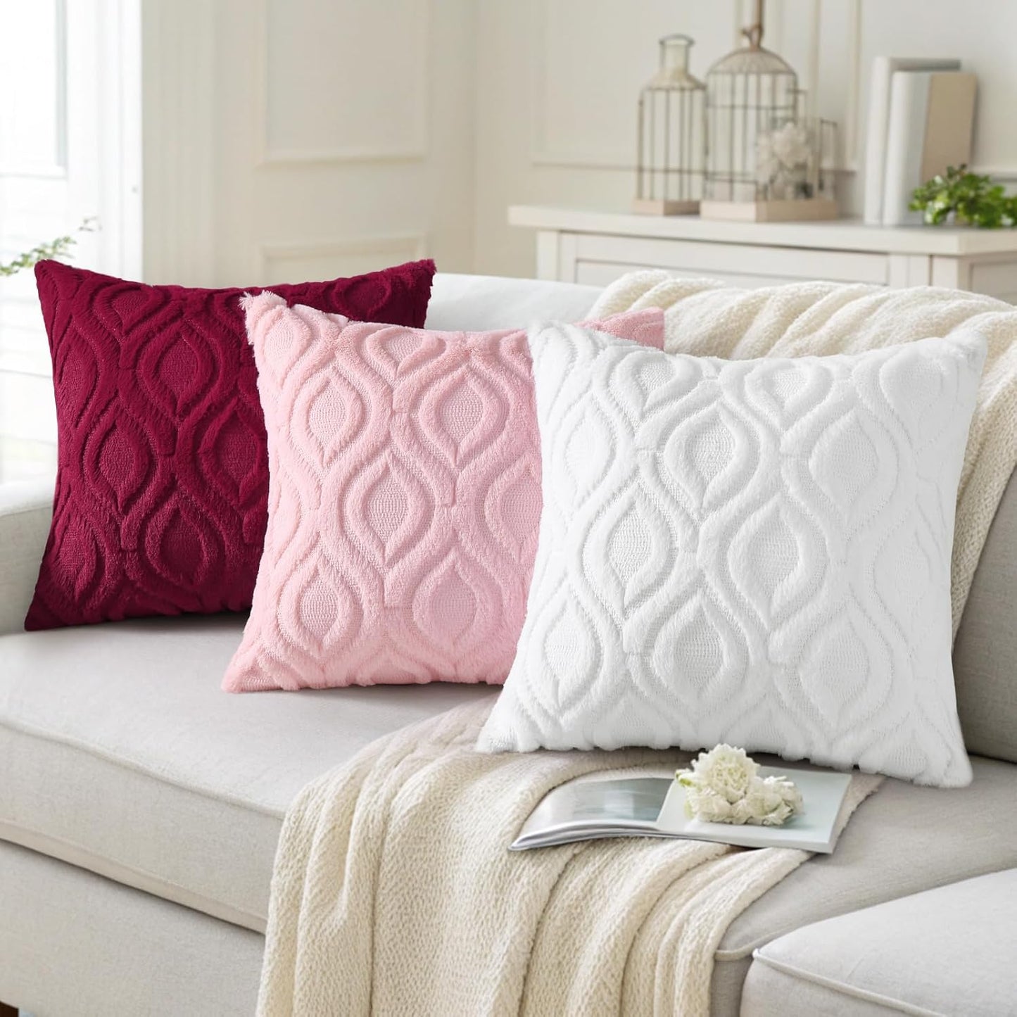 decorUhome Fall Throw Pillow Covers 18x18 Inch Set of 2, Soft Plush Decorative Faux Fur White Solid Couch Pillow Covers, Accent Farmhouse Neutral Square Euro Pillow Cases for Sofa Bed Living Room