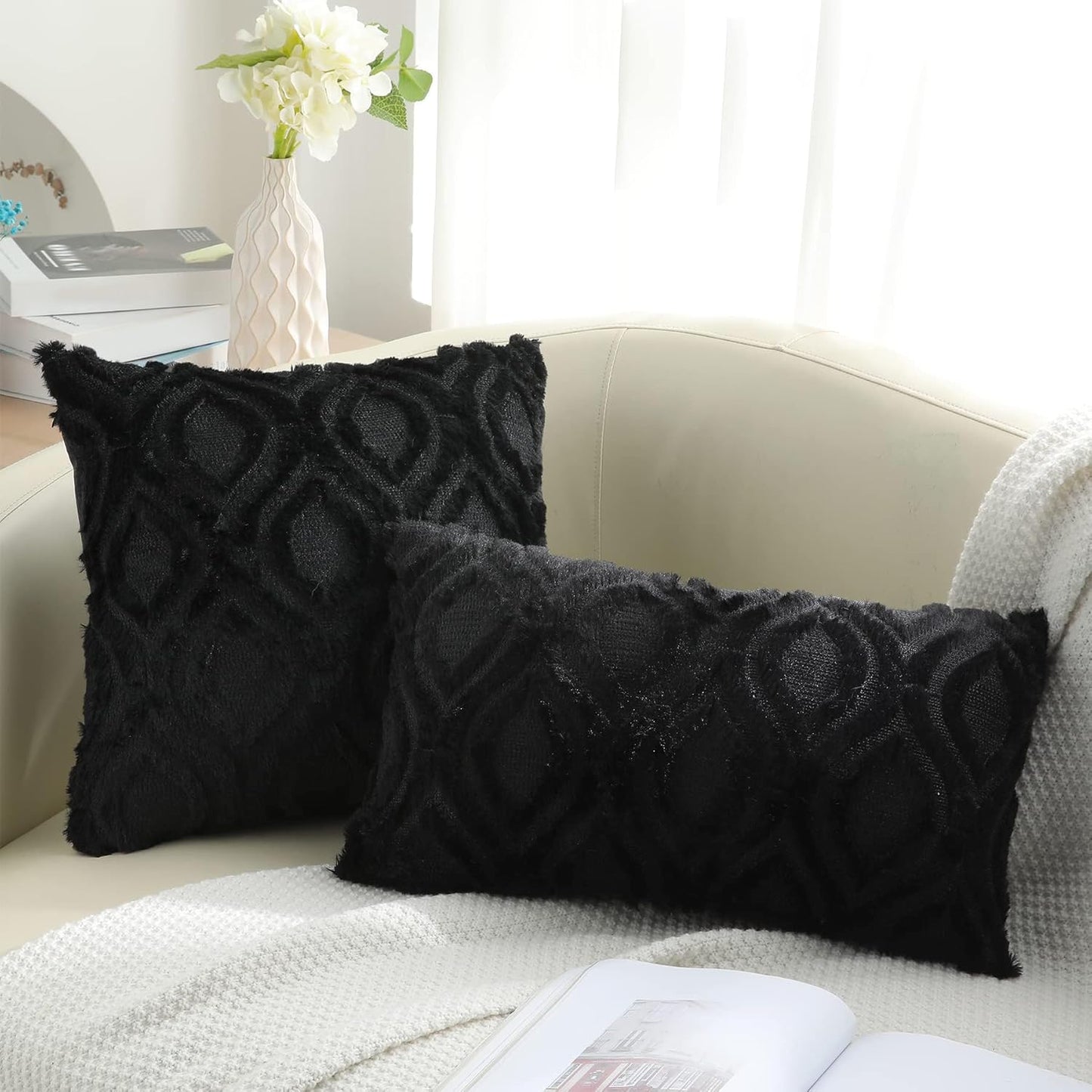 decorUhome Fall Throw Pillow Covers 26x26 Inch Set of 2, Soft Plush Decorative Faux Fur Black Solid Couch Pillow Covers, Accent Farmhouse Neutral Square Euro Pillow Cases for Sofa Bed Living Room