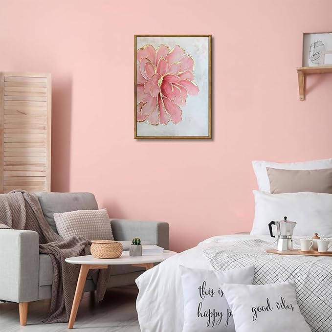 Framed Pink Peony Flower Canvas Wall Art Modern Pink and Gold Floral painting Decor Pictures Abstract flowering Posters Prints for Corridor Living Classroom Bedroom Woman Room Decoration