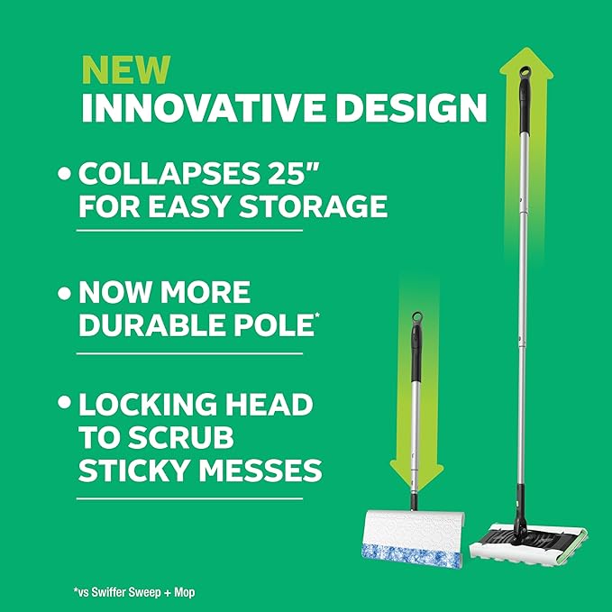 Swiffer Sweep & Mop Deluxe 2-in-1 Multi-Surface Kit for Floor Cleaning, Includes 1 Sweeper Device, 5 Dry Sweeping + 6 Wet Mopping Heavy Duty Cloths, Black