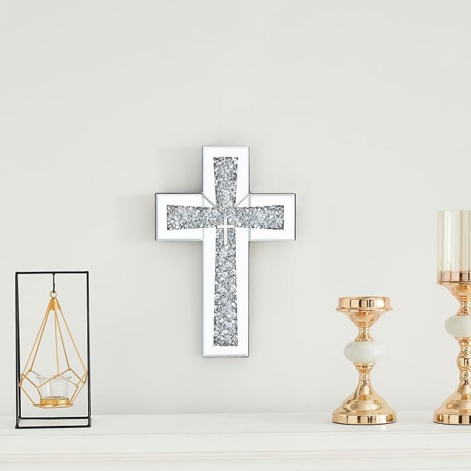 Cross Wall Decor, Silver Mirrored Cross for Living Room, Crystal Crush Diamond Mirror Crosses, Religious Wall Art, Home Decor