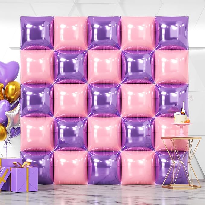 NISOCY 25PCS Pink Purple Square Foil Balloons Wall Backdrop Double Sided Purple Pink Balloons Arch Kit for Birthday Valentine's Day Engagement Bridal Shower Girls Theme Party Decorations