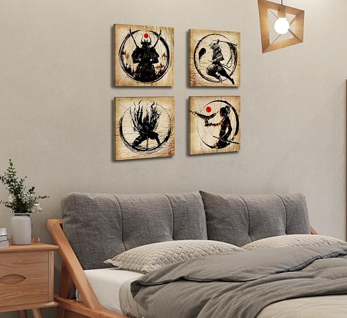 Japanese Decor Wall Art Retro Japanese Armored Samurai Painting Anime Posters Canvas Pictures Office Vintage Black Asian Modern Living Room Bedroom Artwork Framed Ready to Hang 12"X12"X4 Panels
