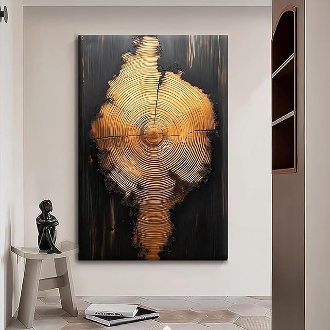 IBHJSART Framed Tree Ring Canvas Wall Art Black And Gold Wall Art Prints Modern Minimalist Pictures Neutral Nature Rustic Farmhouse Decor Living Room Bedroom Bathroom Office.